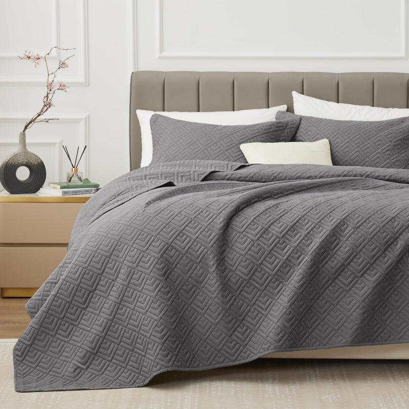EXQ Home Quilt Set Full Queen Size Grey 3 Piece,Lightweight Soft Coverlet Squares Pattern Bedspread Set for All Season(1 Quilt,2 Pillow Shams) - Image 1